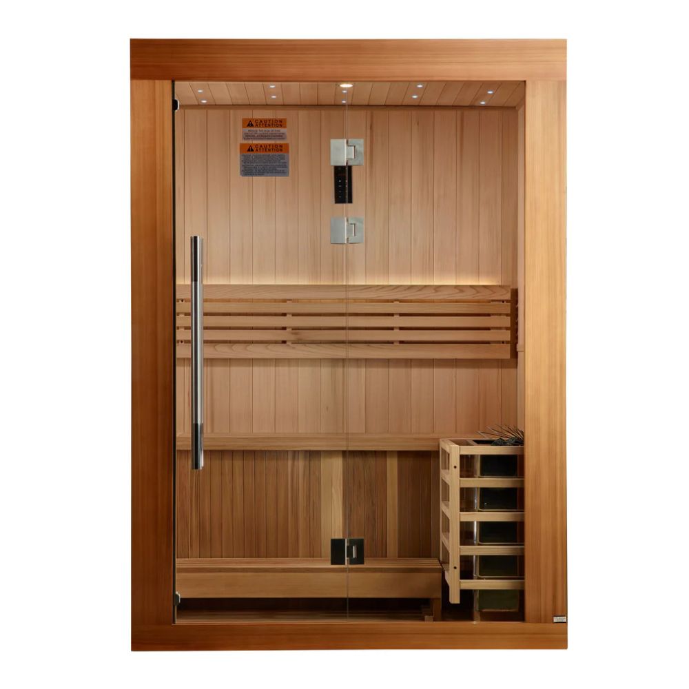 Wooden sauna with glass door on a white background
