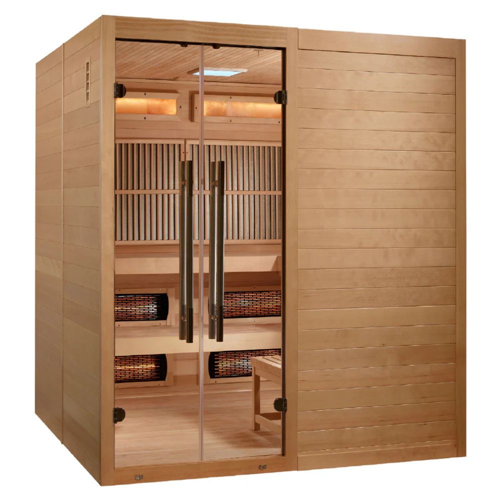 Wooden sauna with glass door on a white background