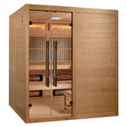 Wooden sauna with glass door on a white background