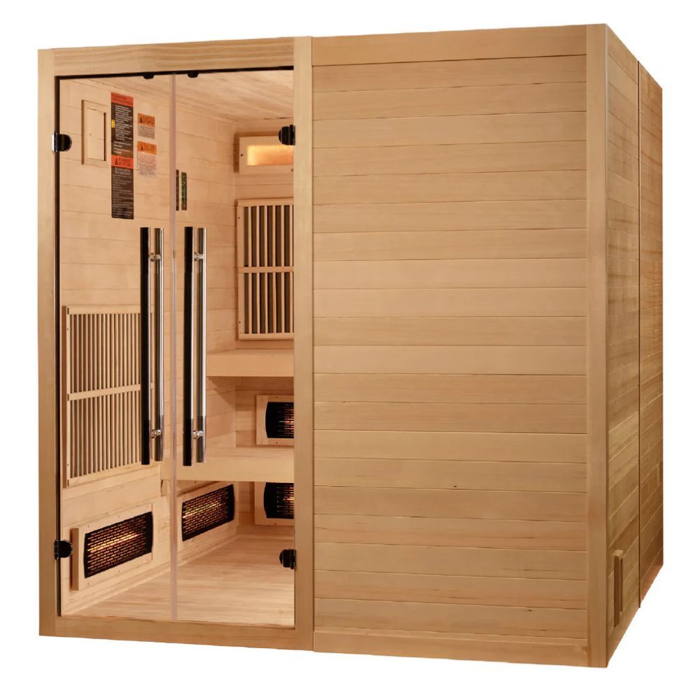 Wooden sauna with glass door on a white background