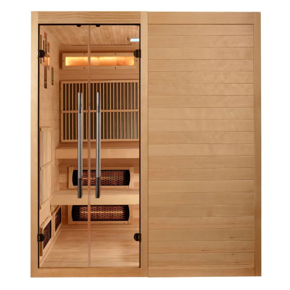 Wooden sauna with glass door on a white background