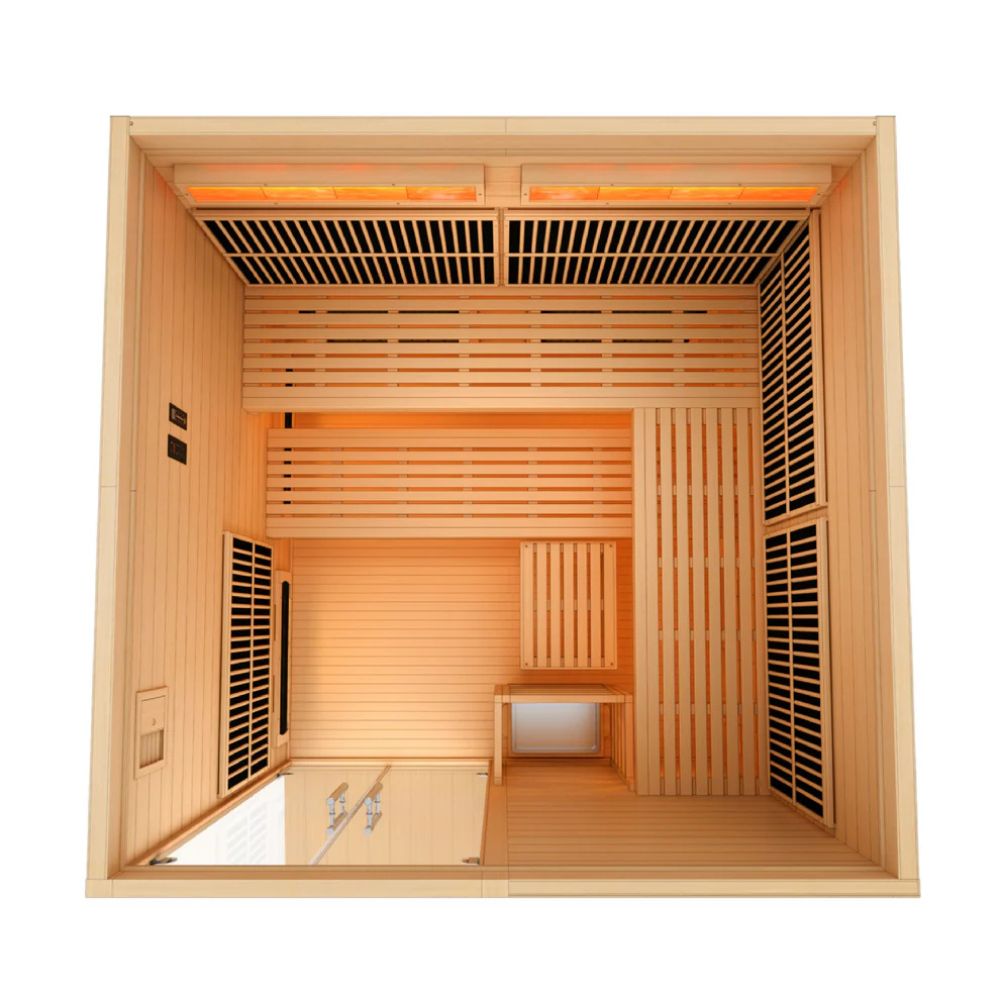Wooden sauna with interior design elements on a white background