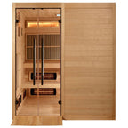 Wooden sauna with glass door on a white background