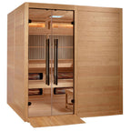 Wooden sauna with glass door on a white background