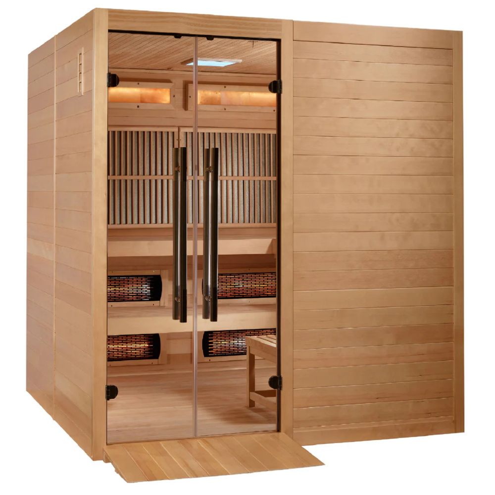 Wooden sauna with glass door on a white background