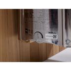 Hand dryer mounted on a wooden wall with visible branding and model number.