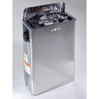 Metallic trash can with Harvia branding on a white background