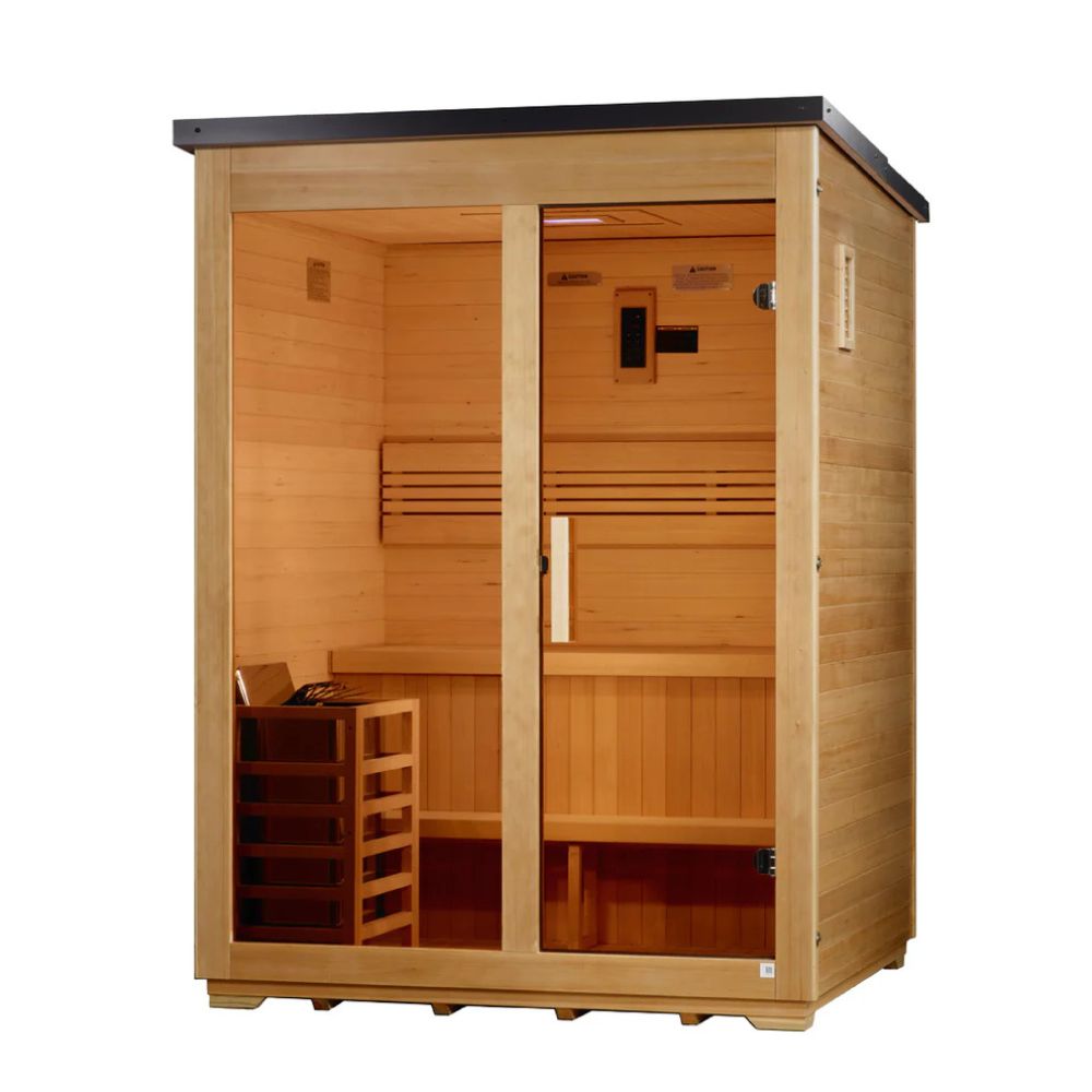 Wooden sauna with interior benches and shelves on a white background