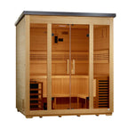 Wooden sauna with glass doors on a white background