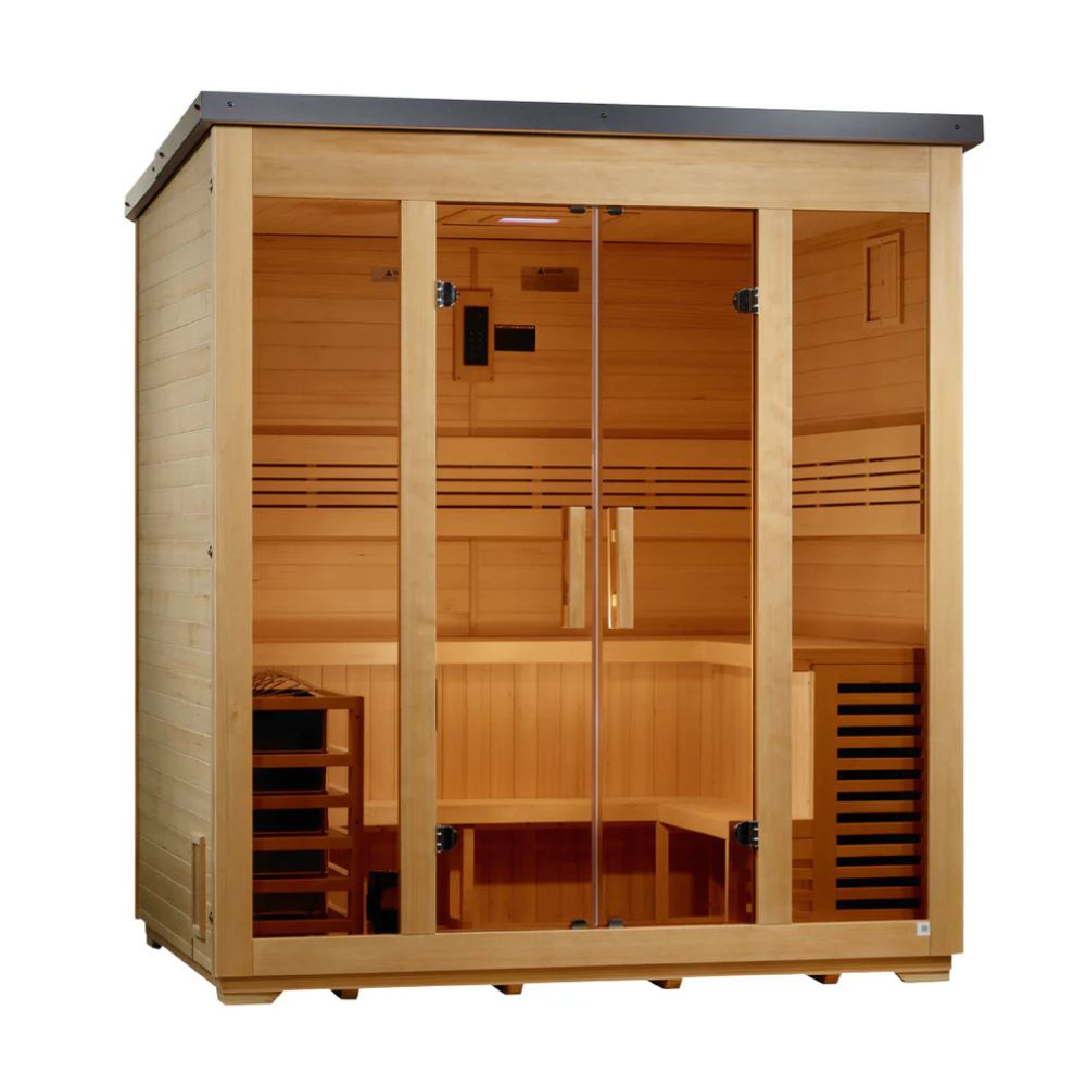 Wooden sauna with glass doors on a white background