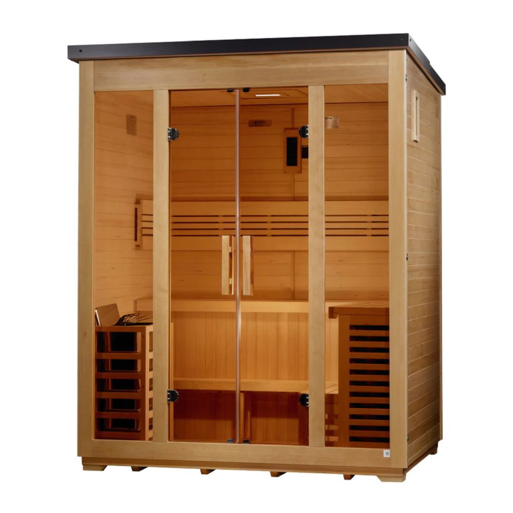 Wooden sauna with glass doors on a white background