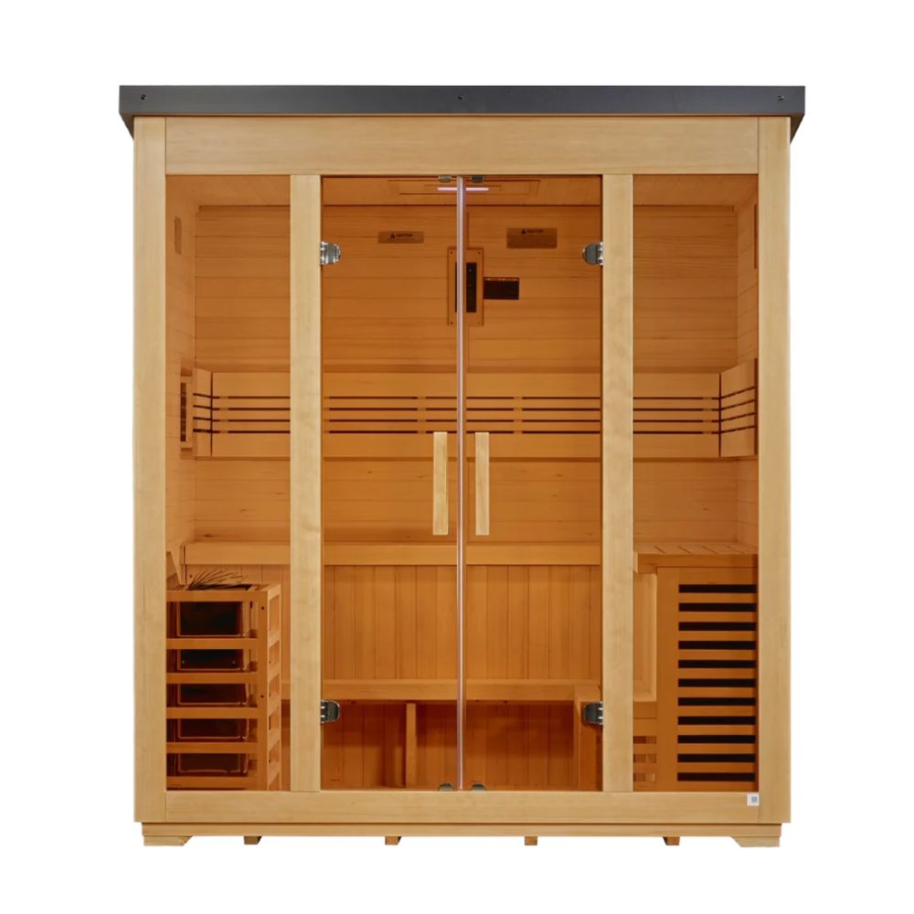 Wooden sauna with glass doors on a white background