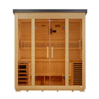 Wooden sauna with glass doors on a white background