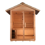 Wooden sauna with a roof on a white background
