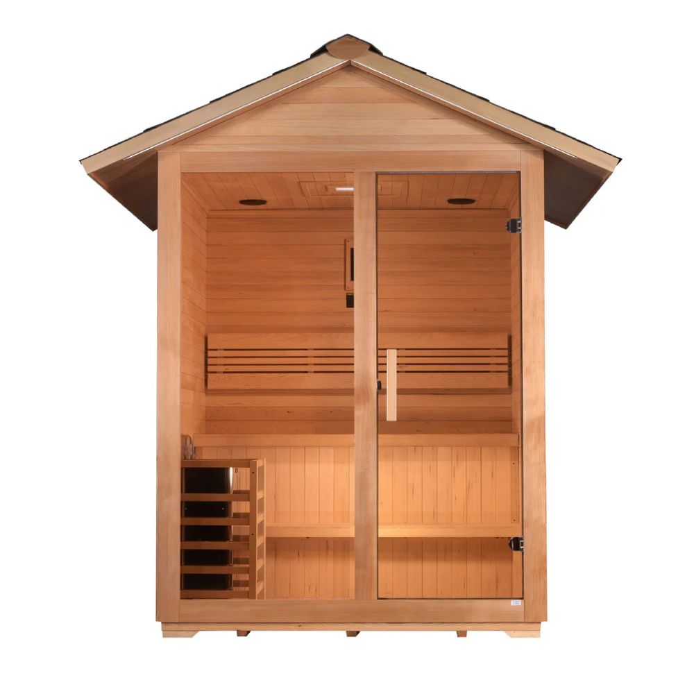 Wooden sauna with a roof on a white background