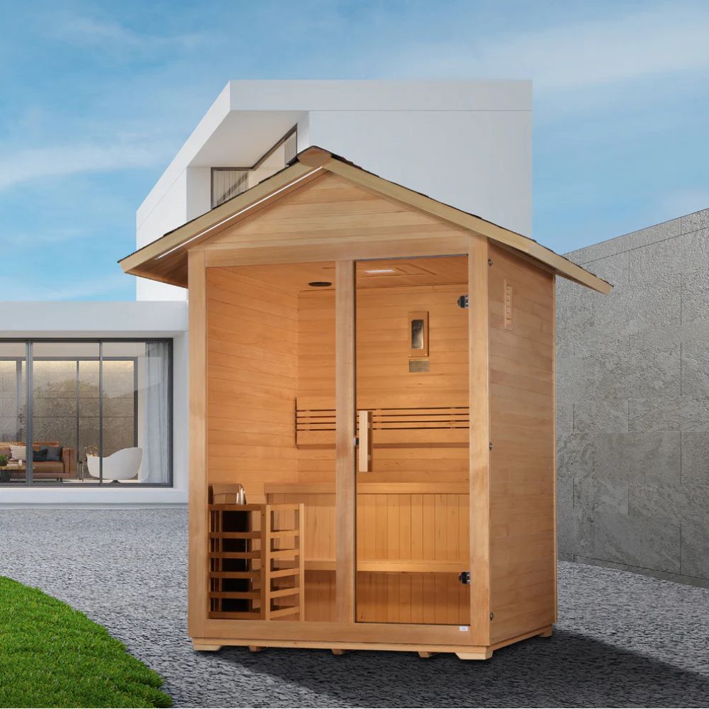 Wooden outdoor sauna in a modern outdoor setting with a clear sky.