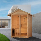Wooden outdoor sauna in a modern outdoor setting with a clear sky.