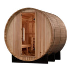 Wooden barrel-shaped sauna with open door on a white background