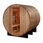 Wooden barrel-shaped sauna on a white background
