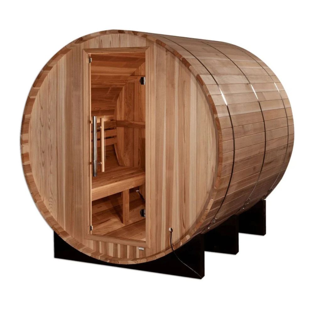 Wooden barrel-shaped sauna on a white background