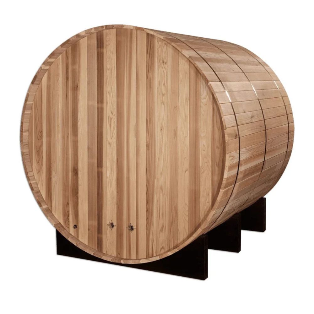Wooden barrel-shaped table on a white background