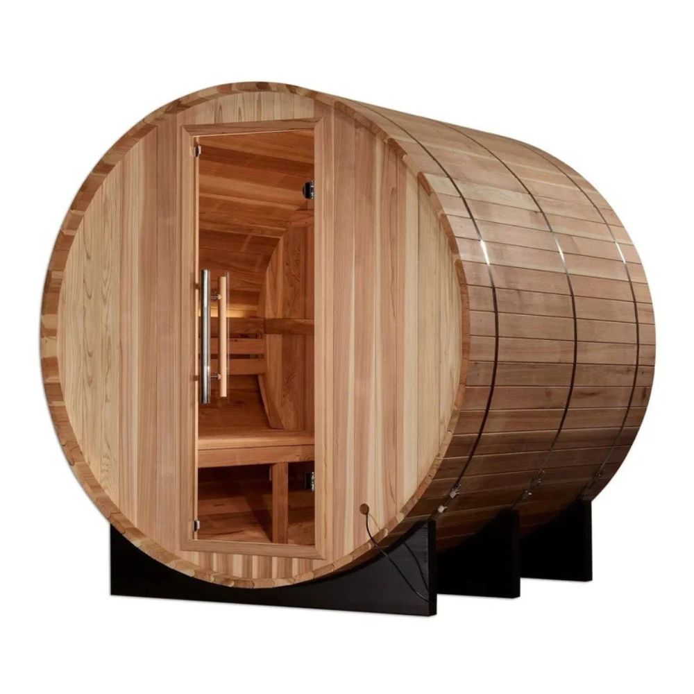 Wooden barrel-shaped sauna with open door on a white background