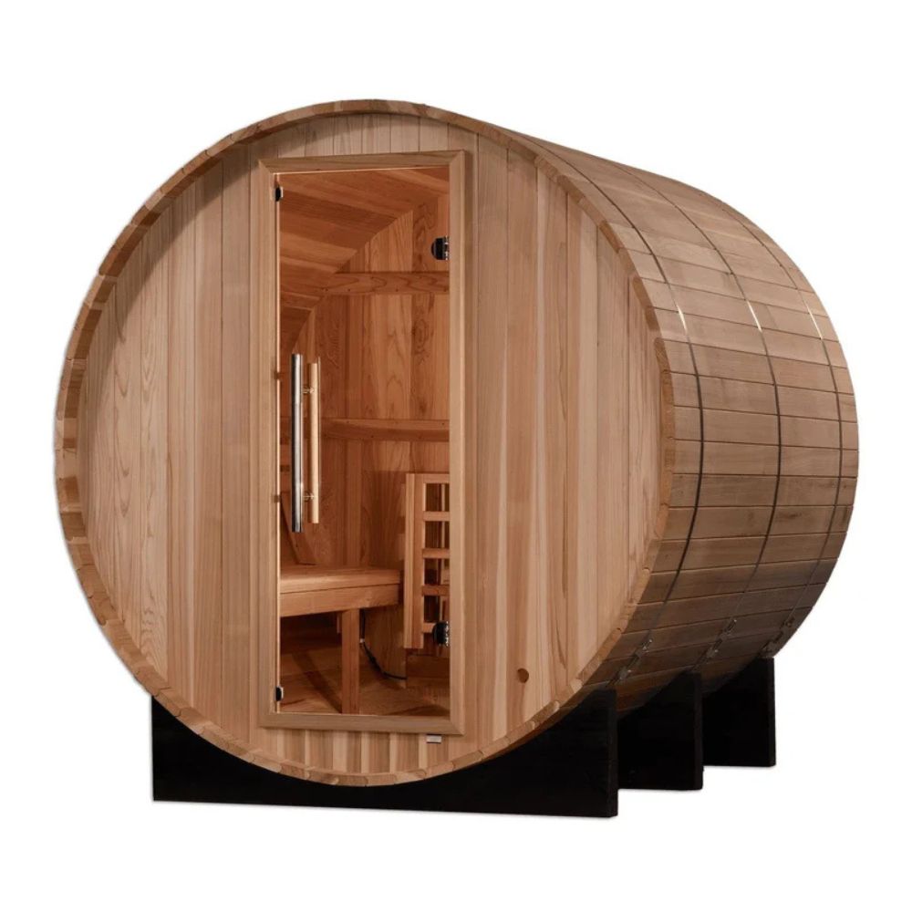 Wooden barrel-shaped sauna with open door on a white background