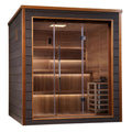 Wooden sauna with glass door on a white background