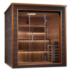 Wooden sauna with glass door on a white background