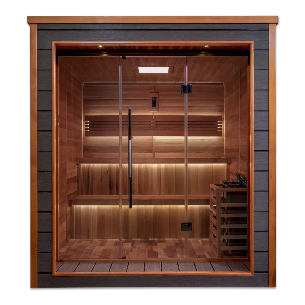 Wooden sauna with glass door on a white background