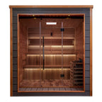 Wooden sauna with glass door on a white background