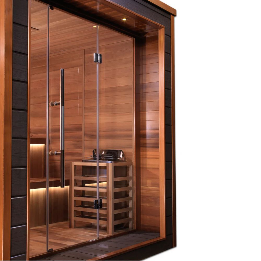 Wooden sauna with glass door and interior details