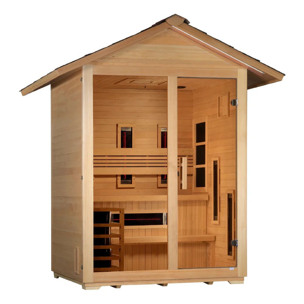 Wooden sauna with a gabled roof on a white background