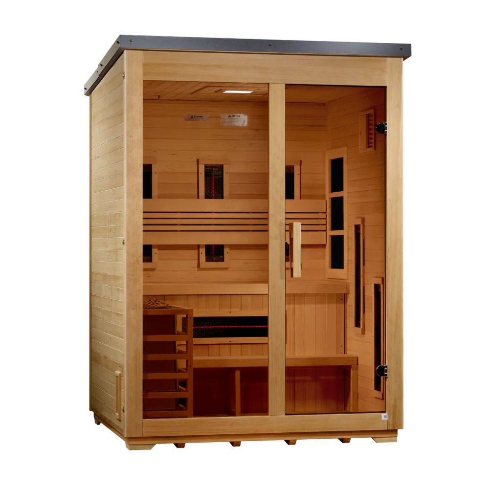 Wooden sauna with interior benches on a white background