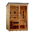 Wooden sauna with interior benches on a white background