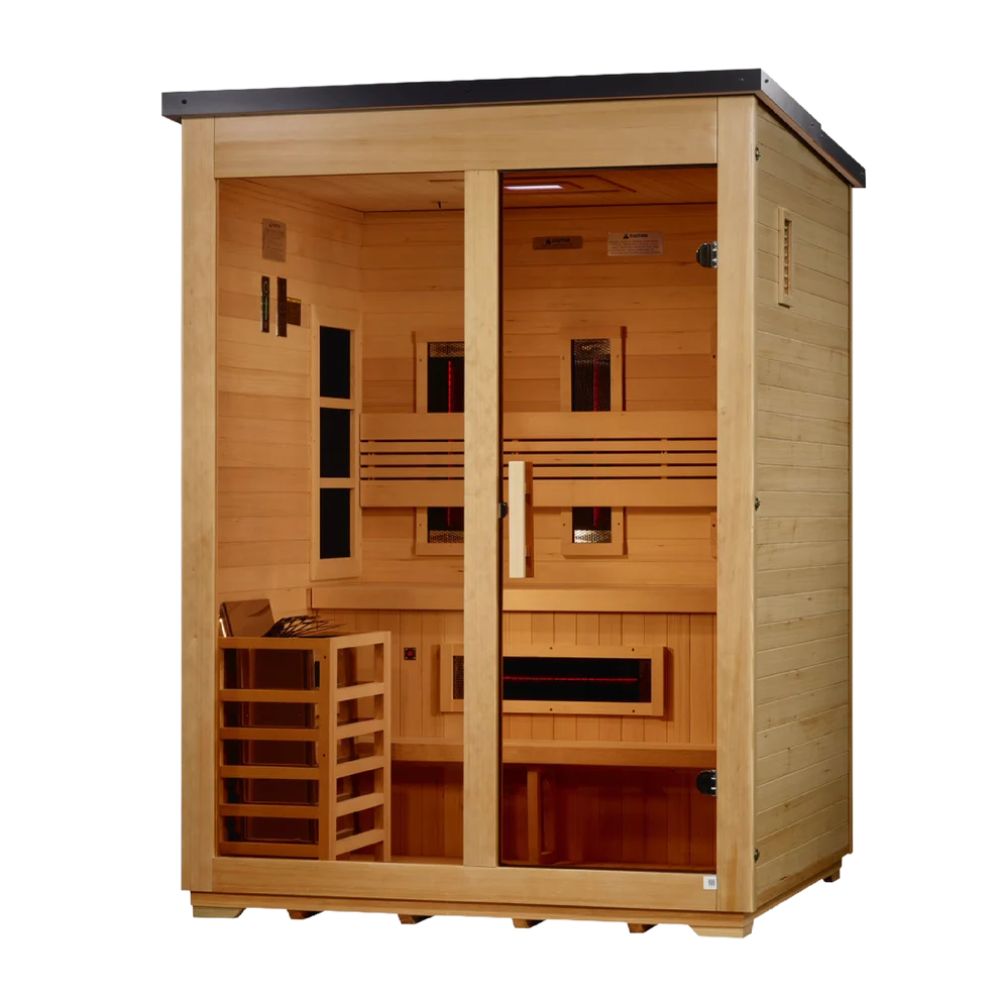 Wooden sauna with interior details on a white background