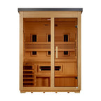 Wooden sauna with glass doors on a white background