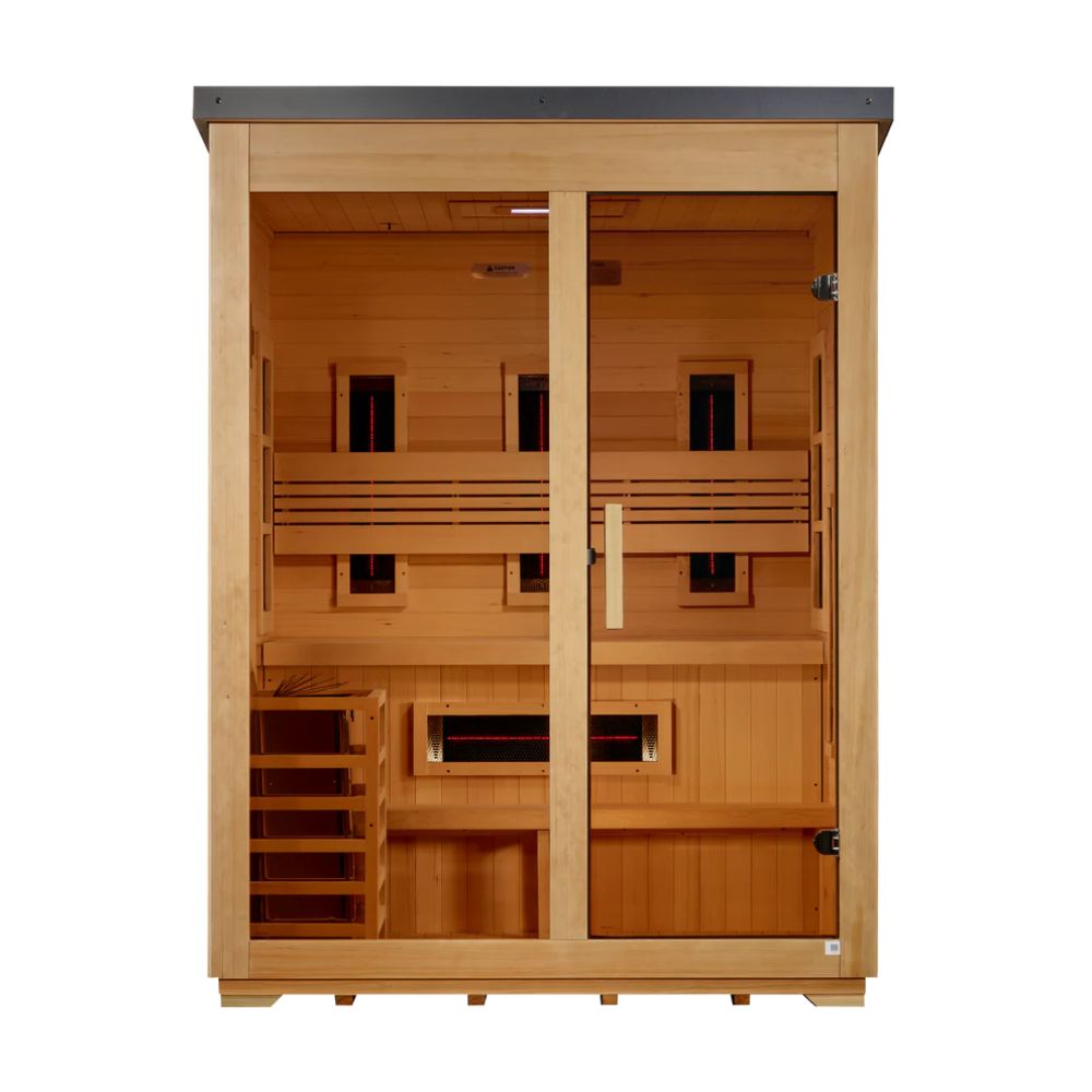 Wooden sauna with glass doors on a white background