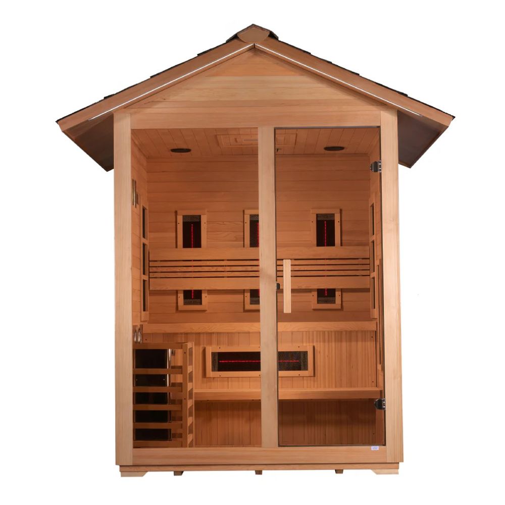 Wooden sauna with a gabled roof on a white background