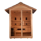 Wooden sauna with a gabled roof on a white background