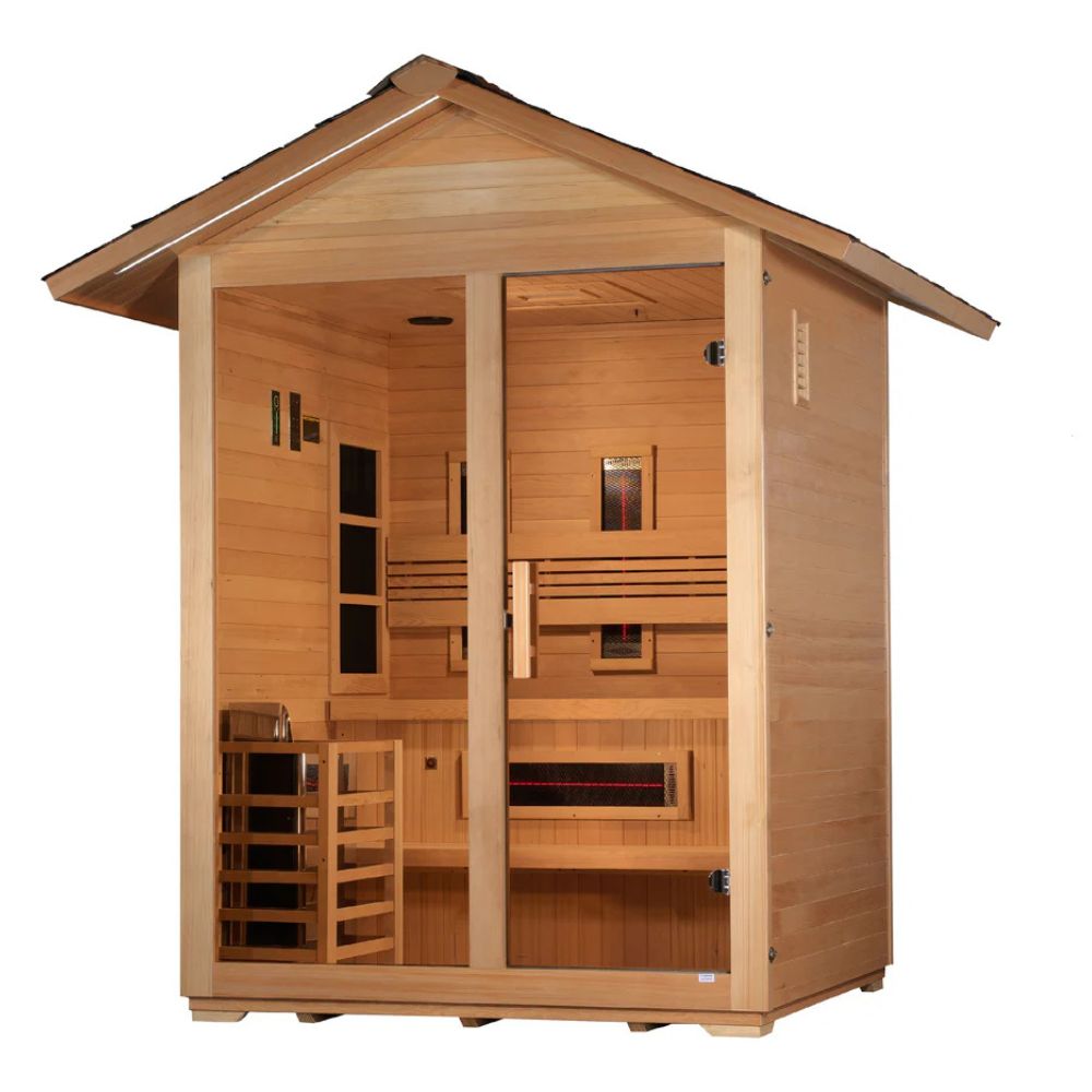 Wooden sauna with a roof on a white background