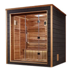 Wooden sauna with glass door on a white background