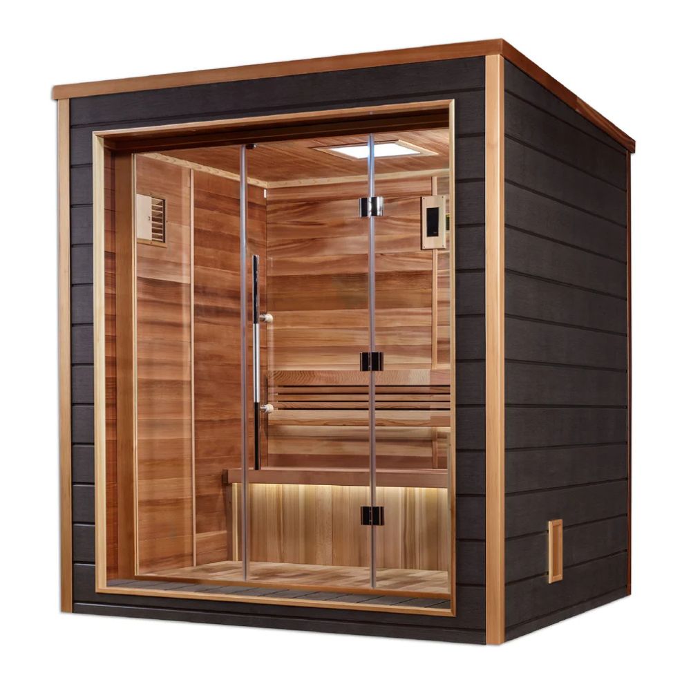 Wooden sauna with glass door on a white background