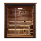 Wooden sauna with glass doors on a white background