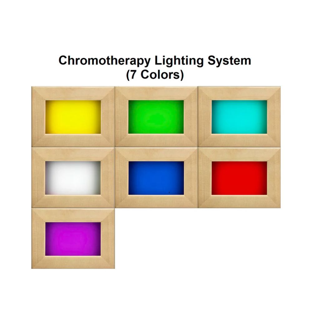 Chromotherapy lighting system with wooden frames and colored lights on a white background