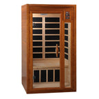 Wooden sauna with glass doors on a white background