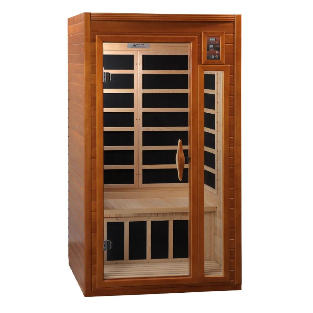 Wooden sauna with glass doors on a white background