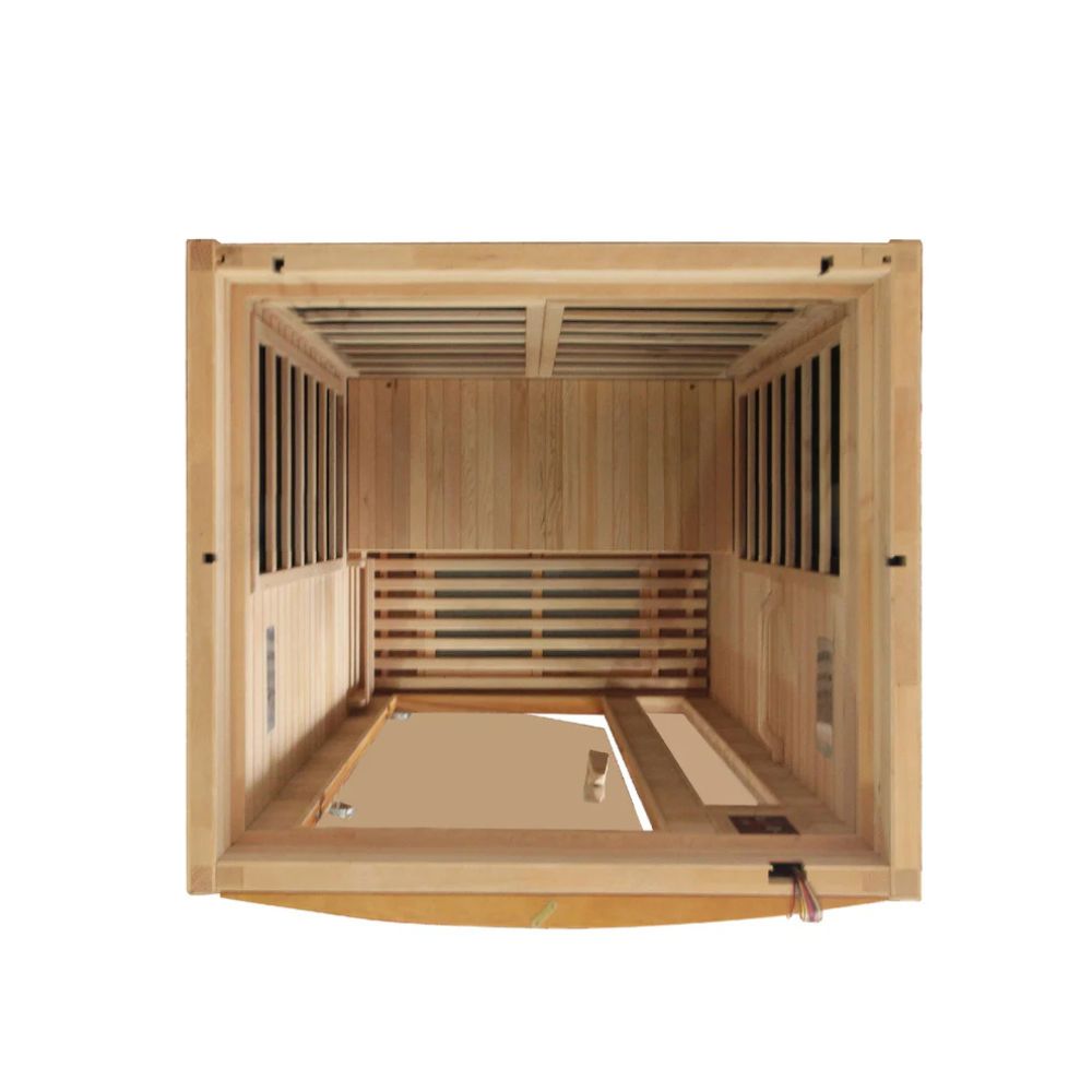 Wooden sauna interior with benches and a platform on a white background