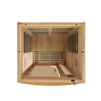 Wooden sauna interior with benches and a platform on a white background