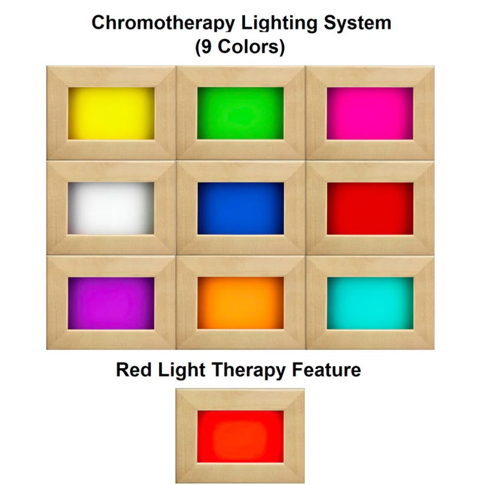 Chromotherapy lighting system with 9 colored boxes and a red light therapy feature.